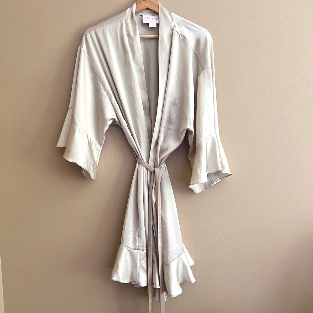 Birdy Grey Women Champagne Satin Ruffle Wrap Feminine Bridal Party Robe M/L